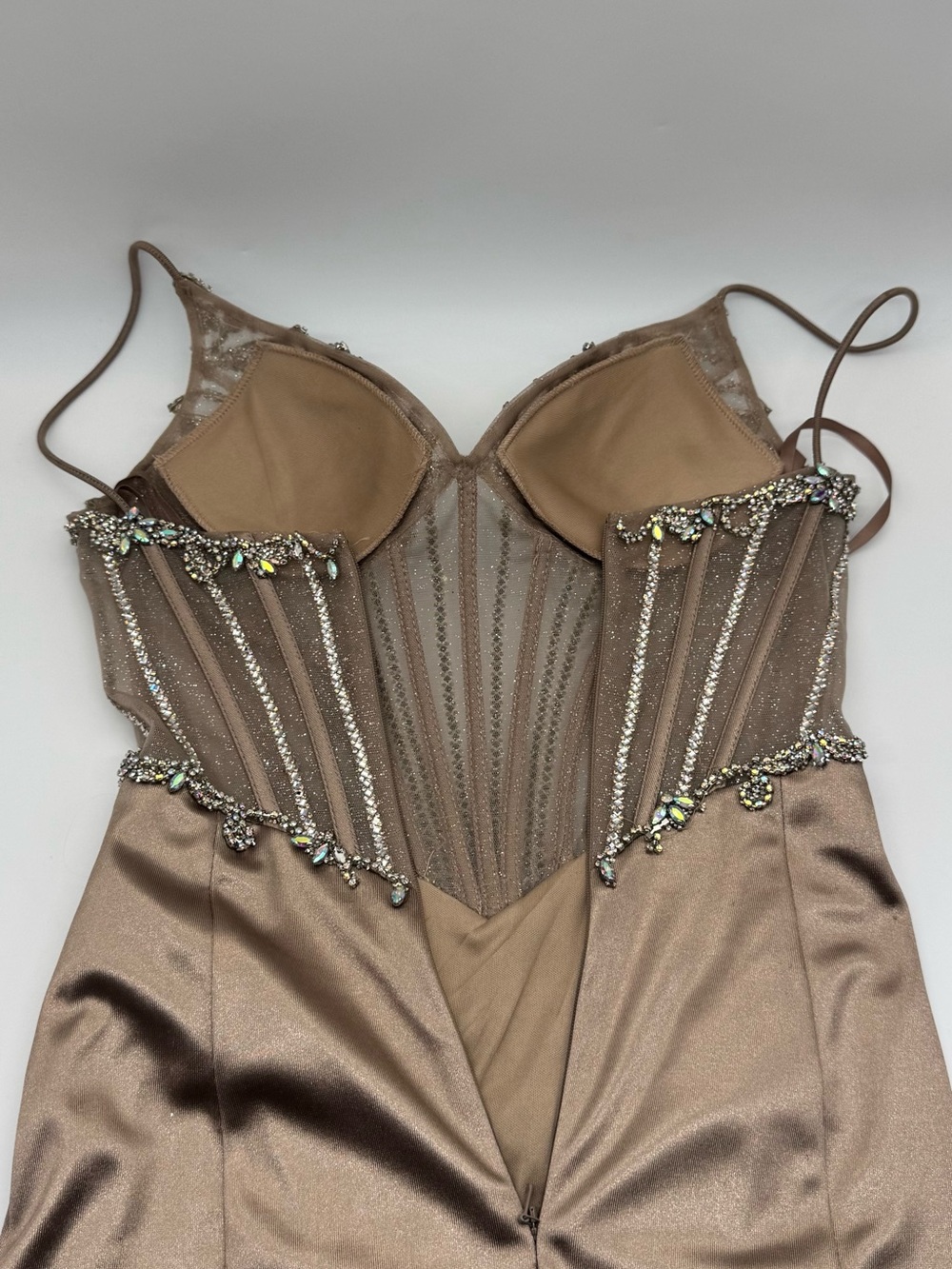 Ladivine Embellished Corset Satin Prom Dress Nude Mermaid Gown - Picture 12 of 13